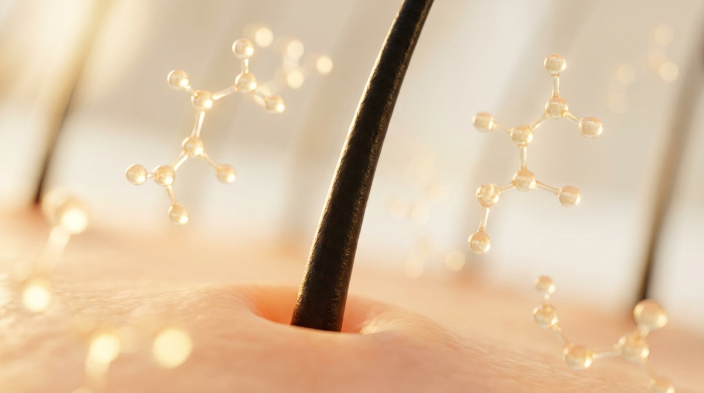 Close-up of a hair follicle with peptide molecular visualizations