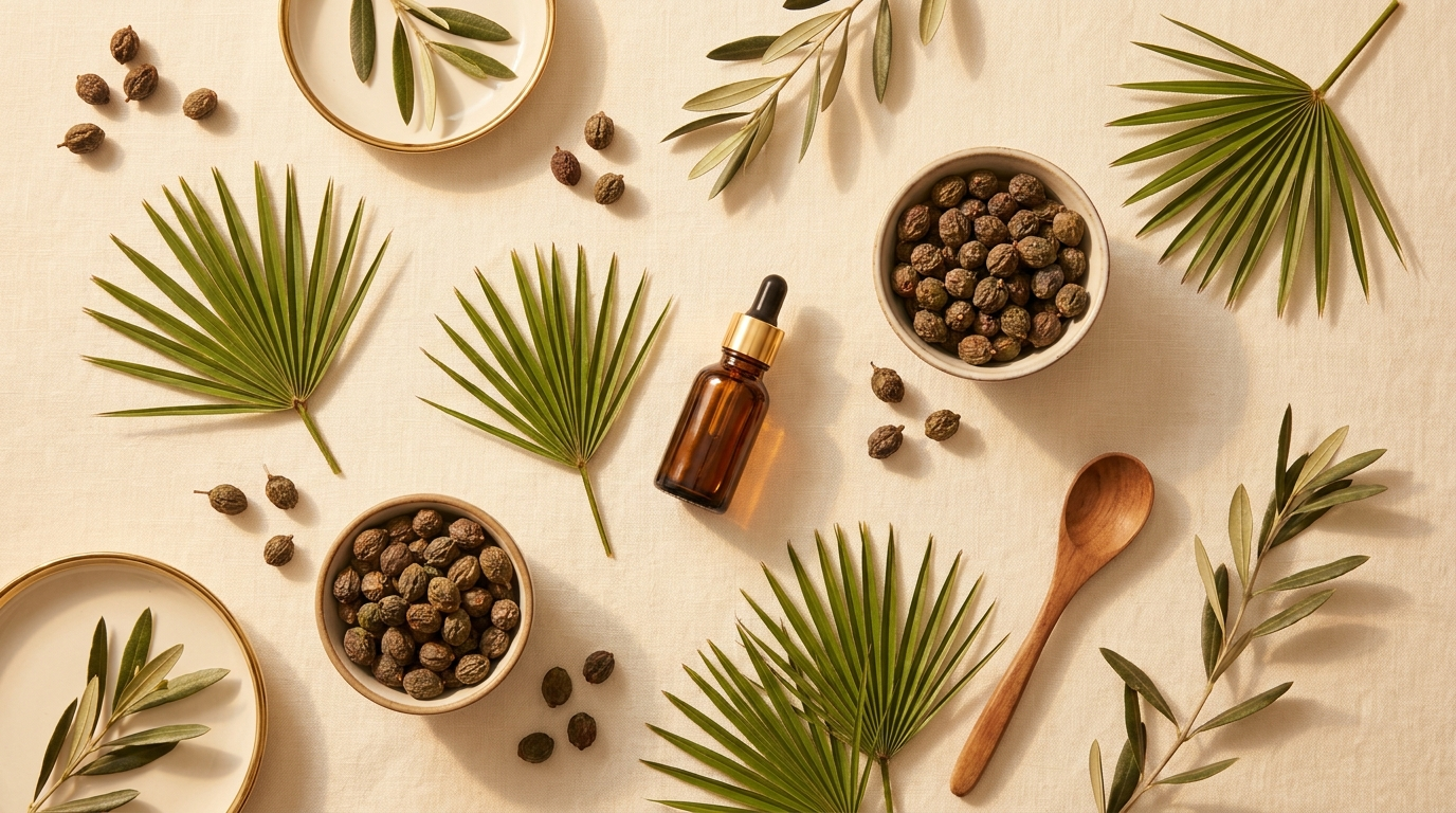 Saw palmetto berries and botanicals on cream linen surface