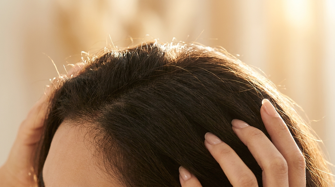Fingertips massaging scalp through healthy hair with golden backlighting