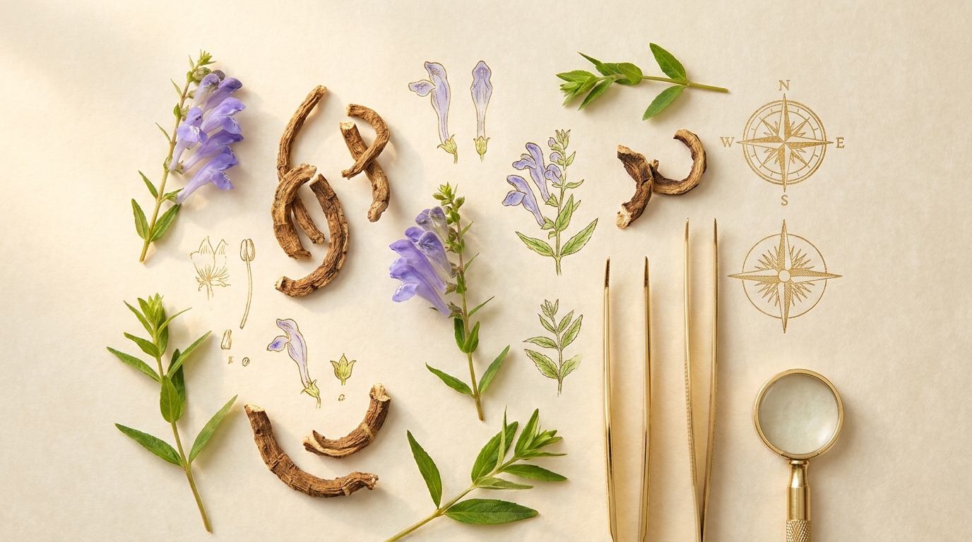Scutellaria baicalensis botanical flat lay on parchment